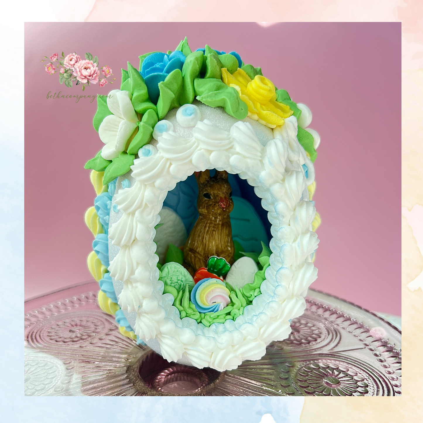 Small Spring Bouquet Sugar Raster Egg with Standing Bunny Inside - Beth and Company
