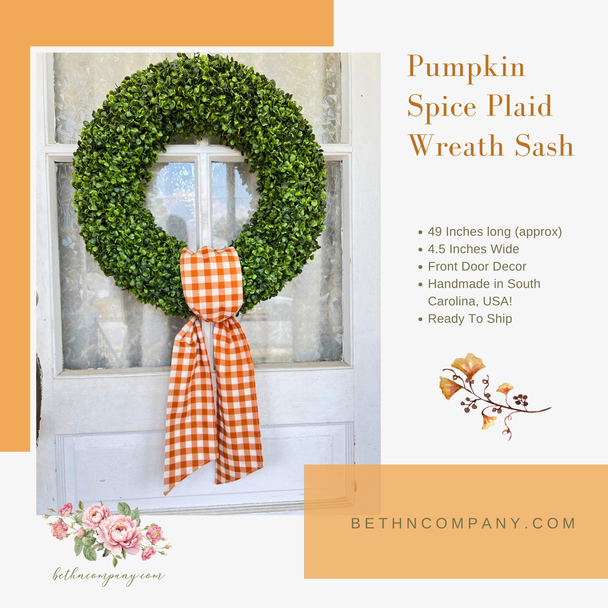 Fall Wreath Sash Pumpkin Spice Plaid Wreath Decor Buffalo Plaid Front Door Decor Wreath Sash Handmade Fabric Sash Fall Decoration - Beth and Company