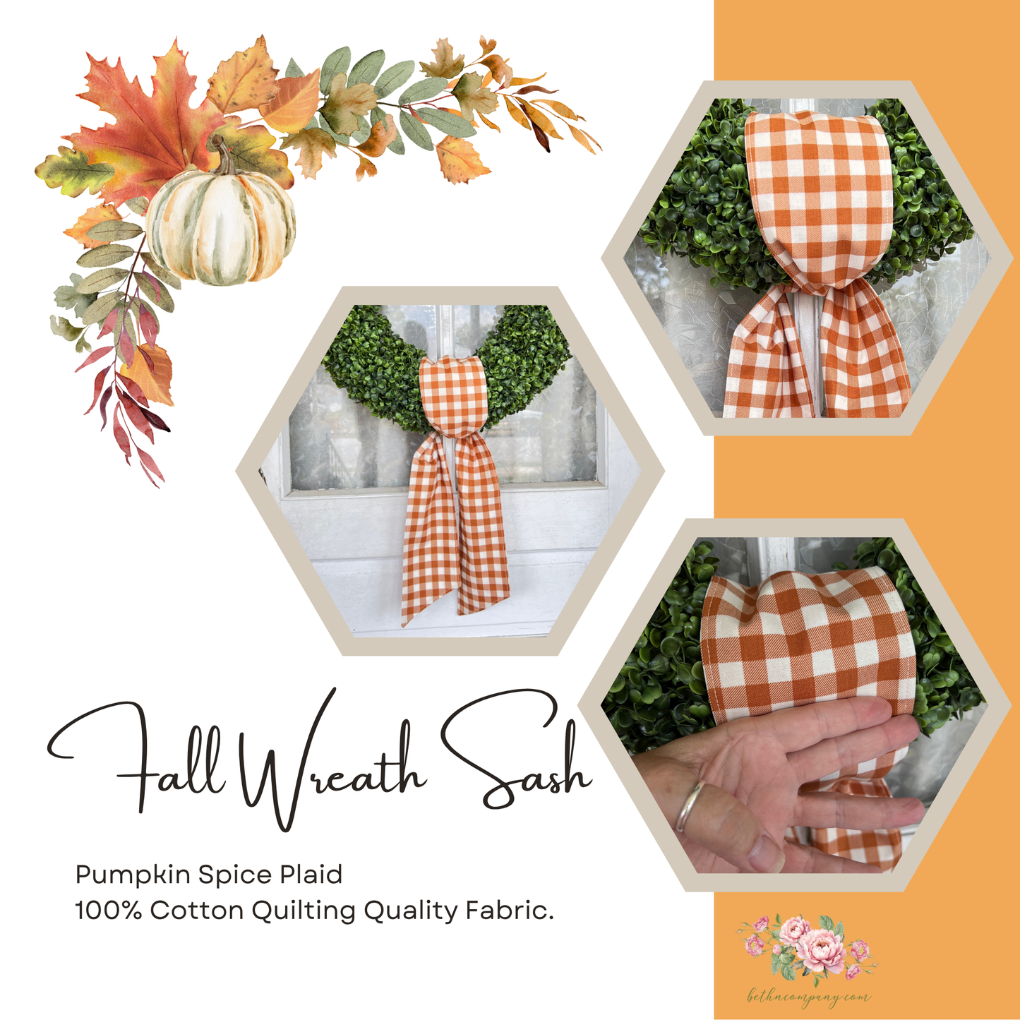 Fall Wreath Sash Pumpkin Spice Plaid Wreath Decor Buffalo Plaid Front Door Decor Wreath Sash Handmade Fabric Sash Fall Decoration
