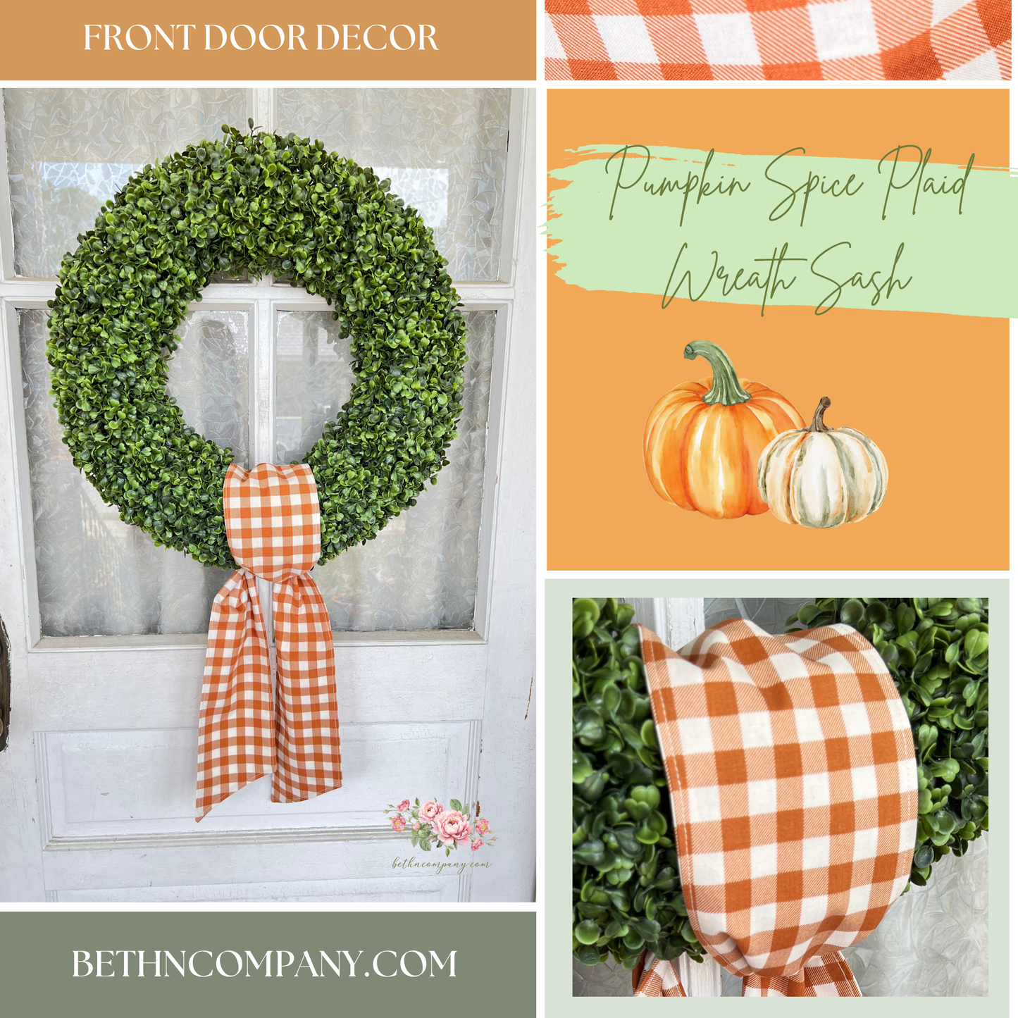 Fall Wreath Sash Pumpkin Spice Plaid Wreath Decor Buffalo Plaid Front Door Decor Wreath Sash Handmade Fabric Sash Fall Decoration