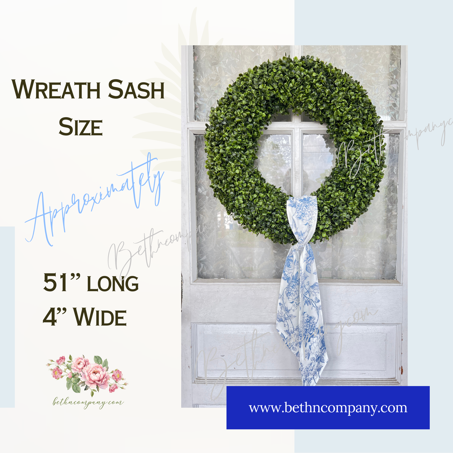 Blue Rose and Hydrangea Toile Wreath Sash