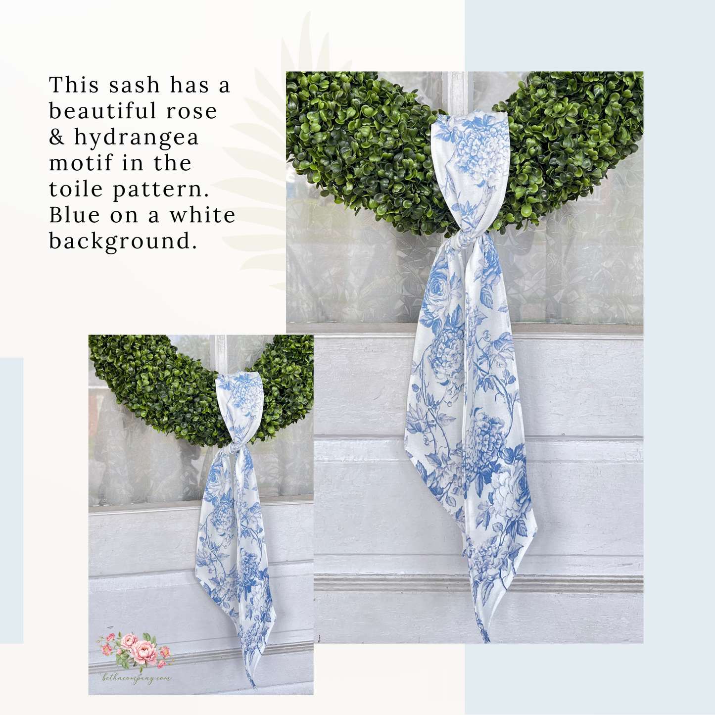 Blue Rose and Hydrangea Toile Wreath Sash