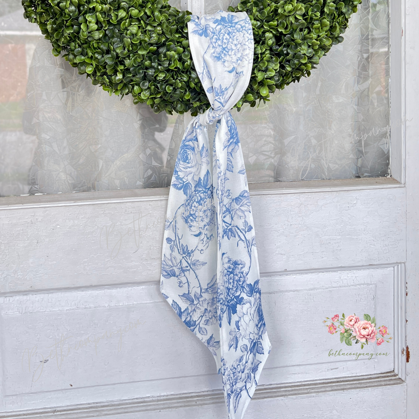 Blue Rose and Hydrangea Toile Wreath Sash