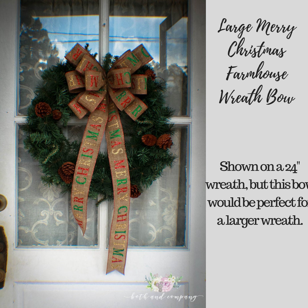Large Merry Christmas Farmhouse Wreath Bow, Thin Profile Bow, Rustic Wreath Bow, Mailbox Swag Bow, Holiday Decorations