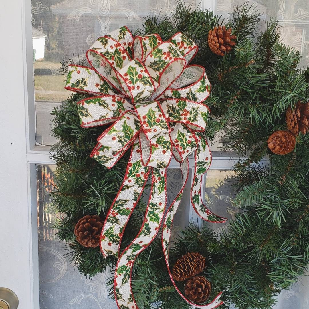 Christmas Bow Christmas Wreath Bow Holly & Berries wreath bow Christmas bows for front door wreath Christmas Tree Topper