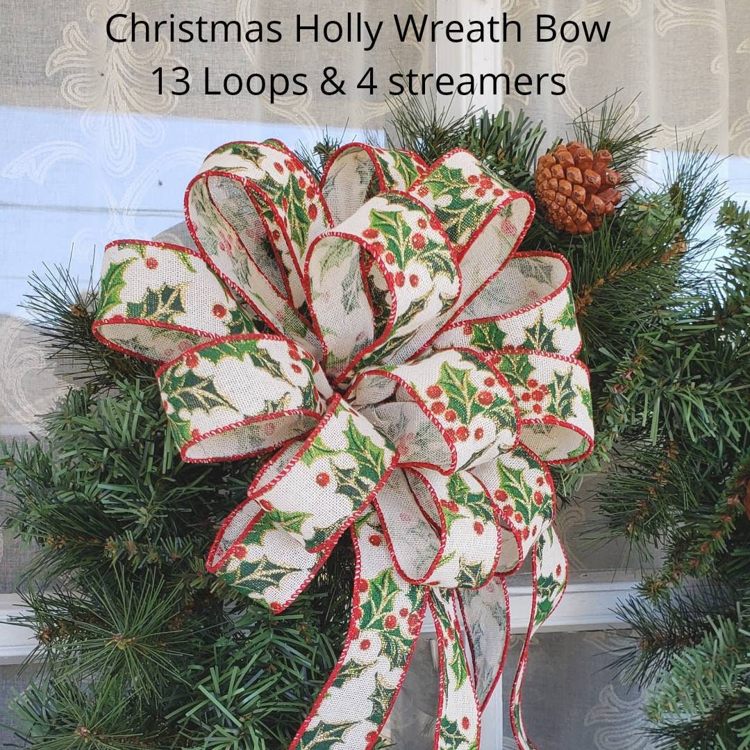 Christmas Bow Christmas Wreath Bow Holly & Berries wreath bow Christmas bows for front door wreath Christmas Tree Topper