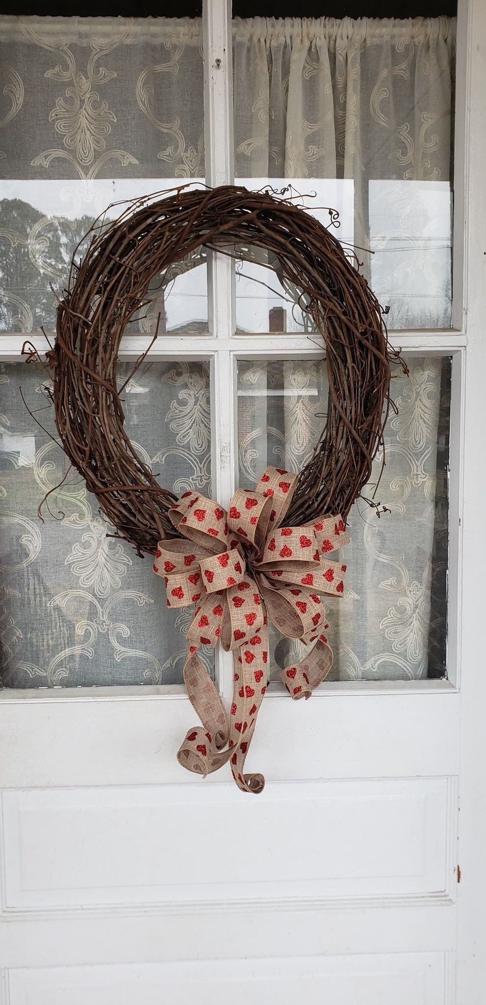 Red Glitter Heart Rustic Wreath Bow, Valentines Day Decor for front door, Valentine's Bow for Lanterns or Mailboxes
