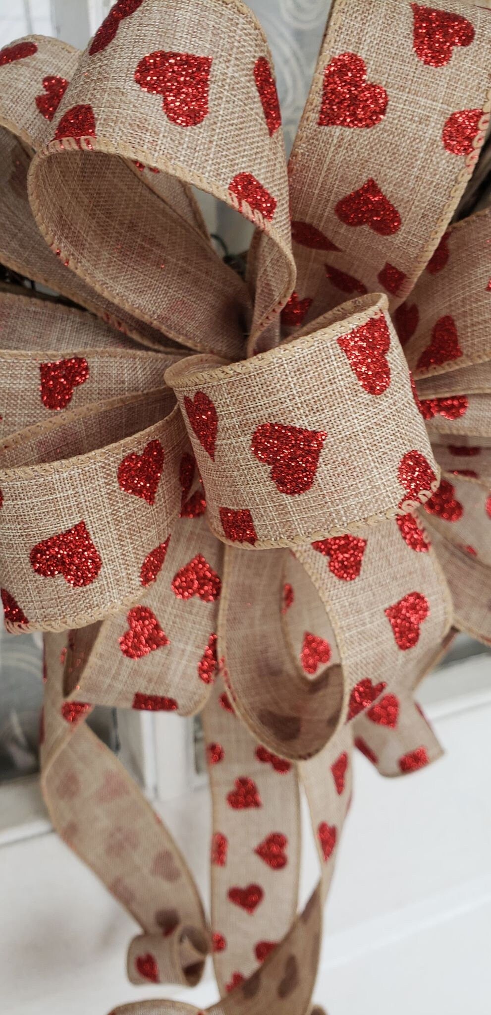 Red Glitter Heart Rustic Wreath Bow, Valentines Day Decor for front door, Valentine's Bow for Lanterns or Mailboxes