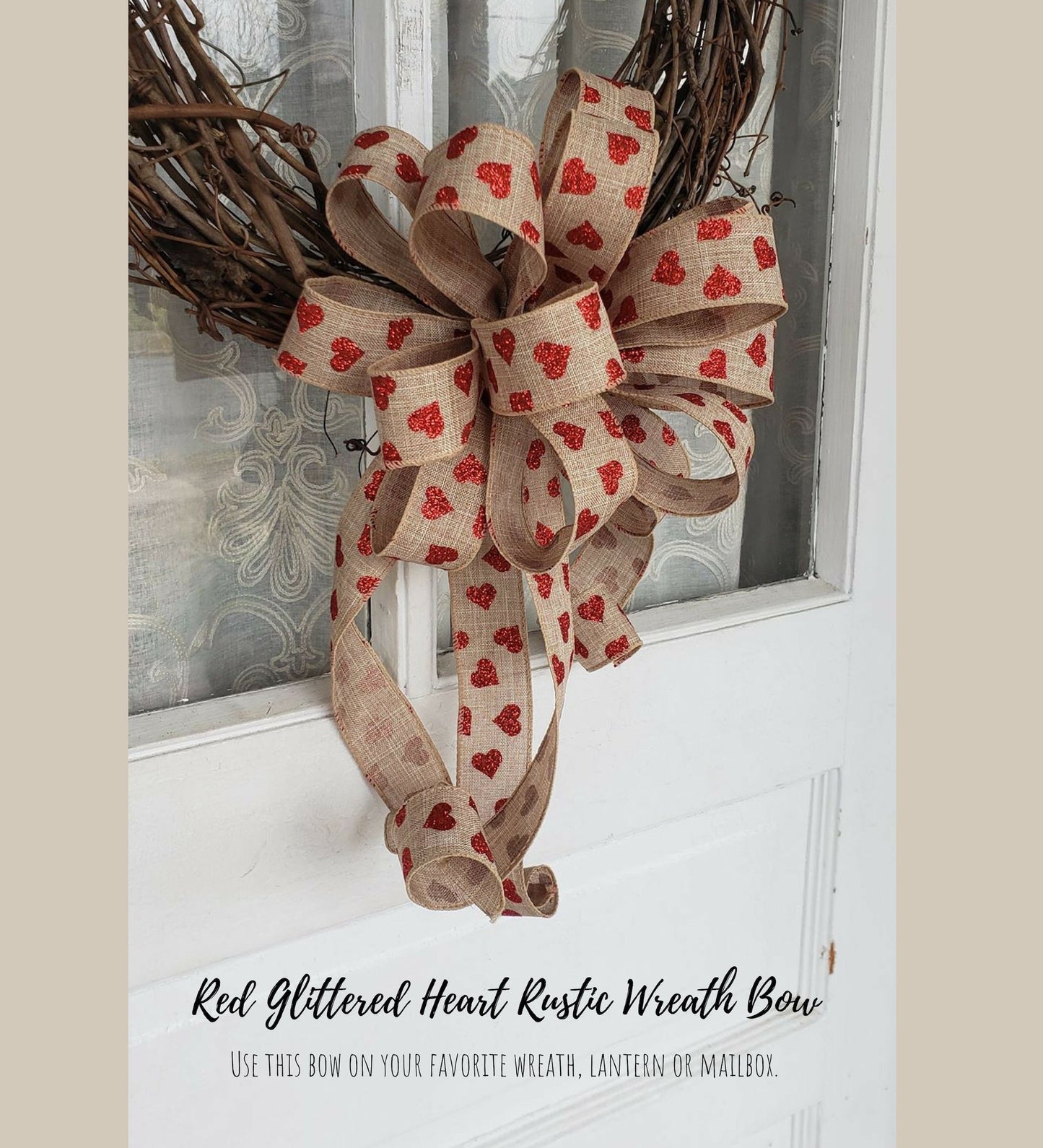 Red Glitter Heart Rustic Wreath Bow, Valentines Day Decor for front door, Valentine's Bow for Lanterns or Mailboxes