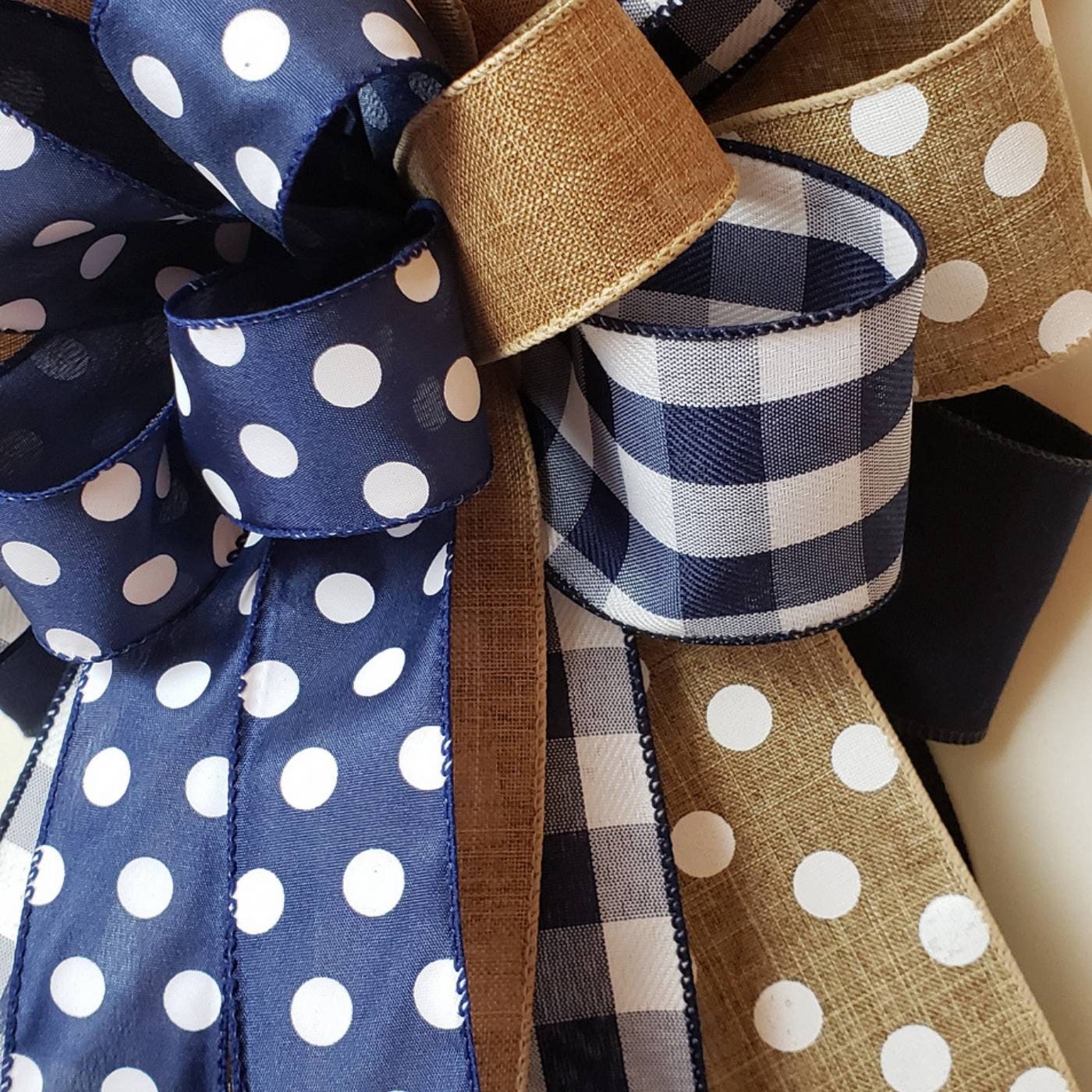 Navy and Burlap Bow, Summer to Fall Wreath Mixed Ribbon Bow, Fall Wreath Bows