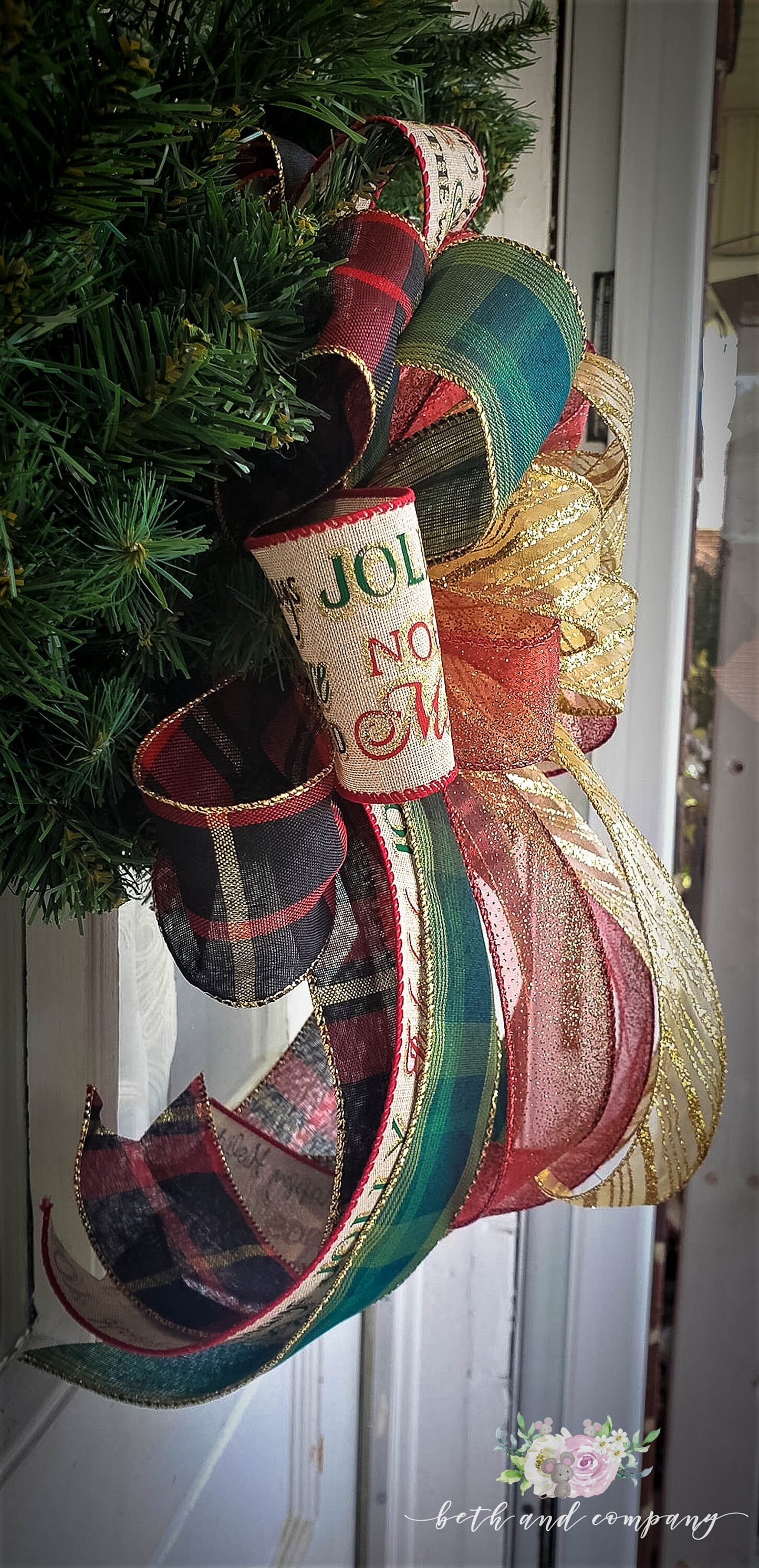 Red Green and Gold Christmas Wreath Bow Christmas Bow for Front Door Tree Topper