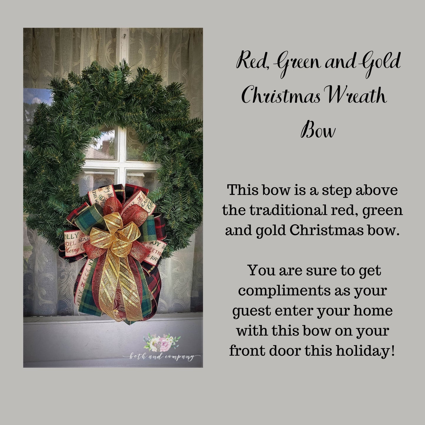 Red Green and Gold Christmas Wreath Bow Christmas Bow for Front Door Tree Topper
