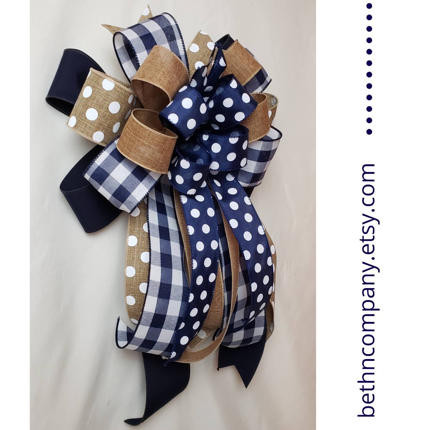 Navy and Burlap Bow, Summer to Fall Wreath Mixed Ribbon Bow, Fall Wreath Bows