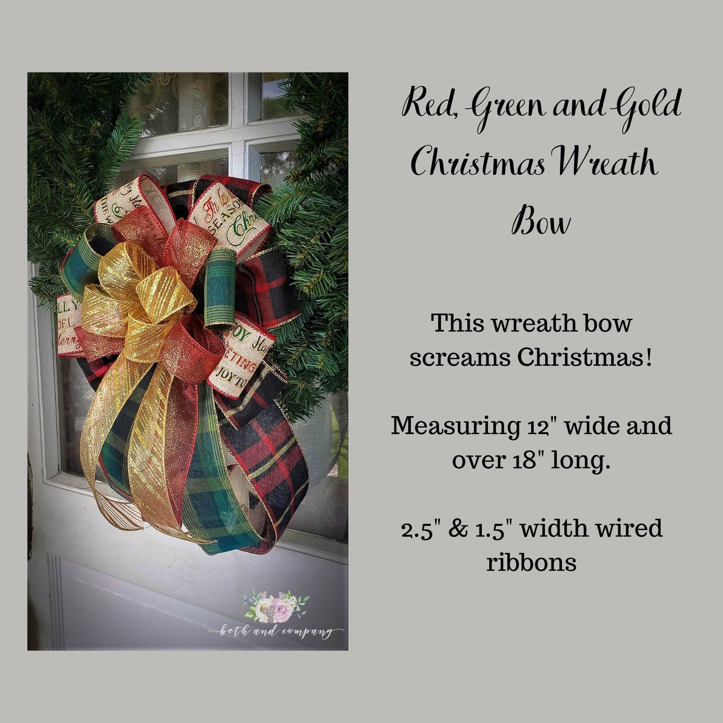 Red Green and Gold Christmas Wreath Bow Christmas Bow for Front Door Tree Topper