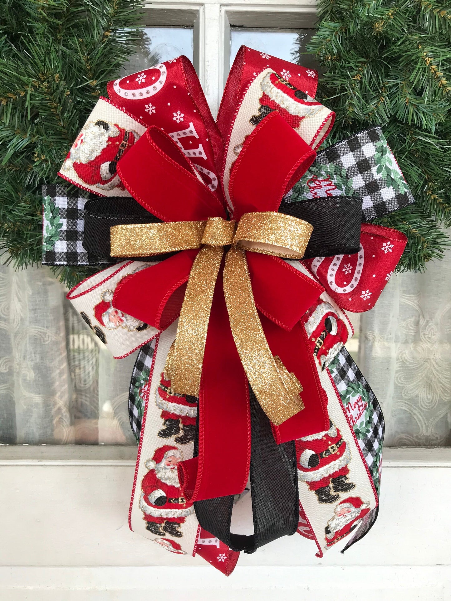 Christmas Bow Santa Wreath Bow Old Saint Nick Decor Santa Bow for Front Door Wreath