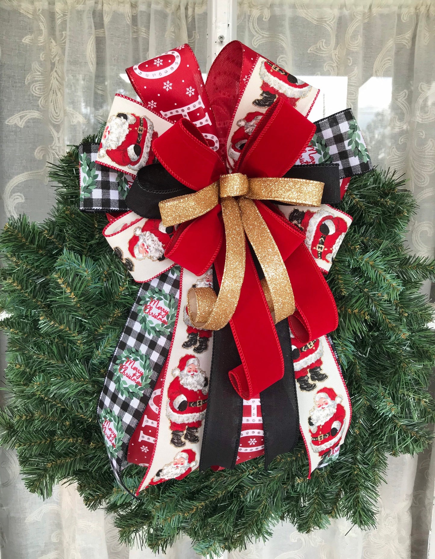 Christmas Bow Santa Wreath Bow Old Saint Nick Decor Santa Bow for Front Door Wreath