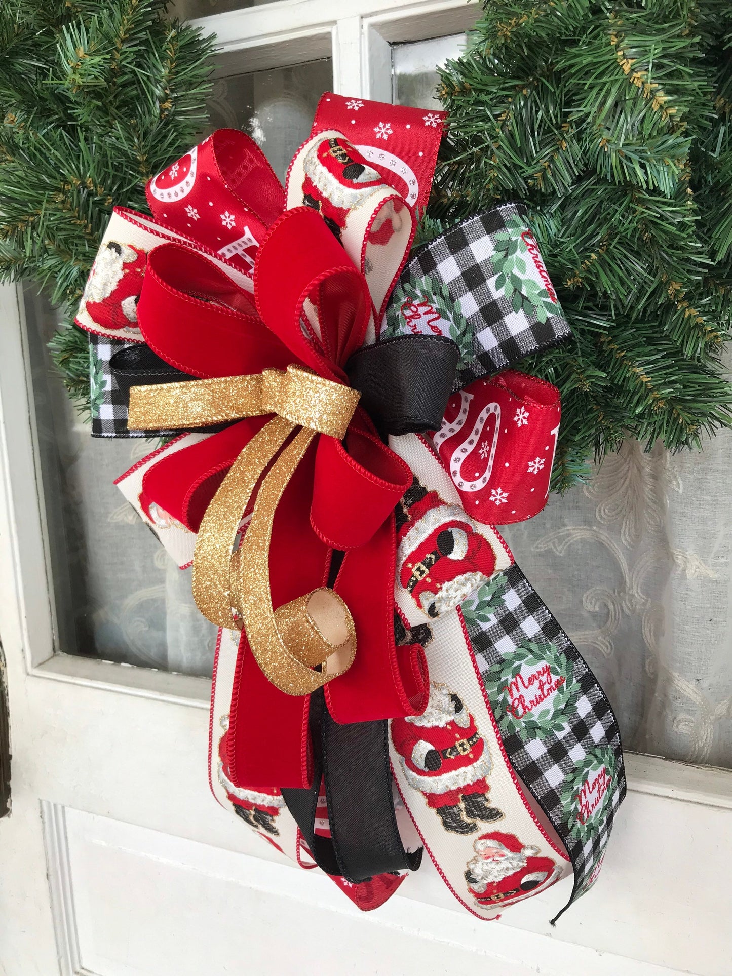 Christmas Bow Santa Wreath Bow Old Saint Nick Decor Santa Bow for Front Door Wreath