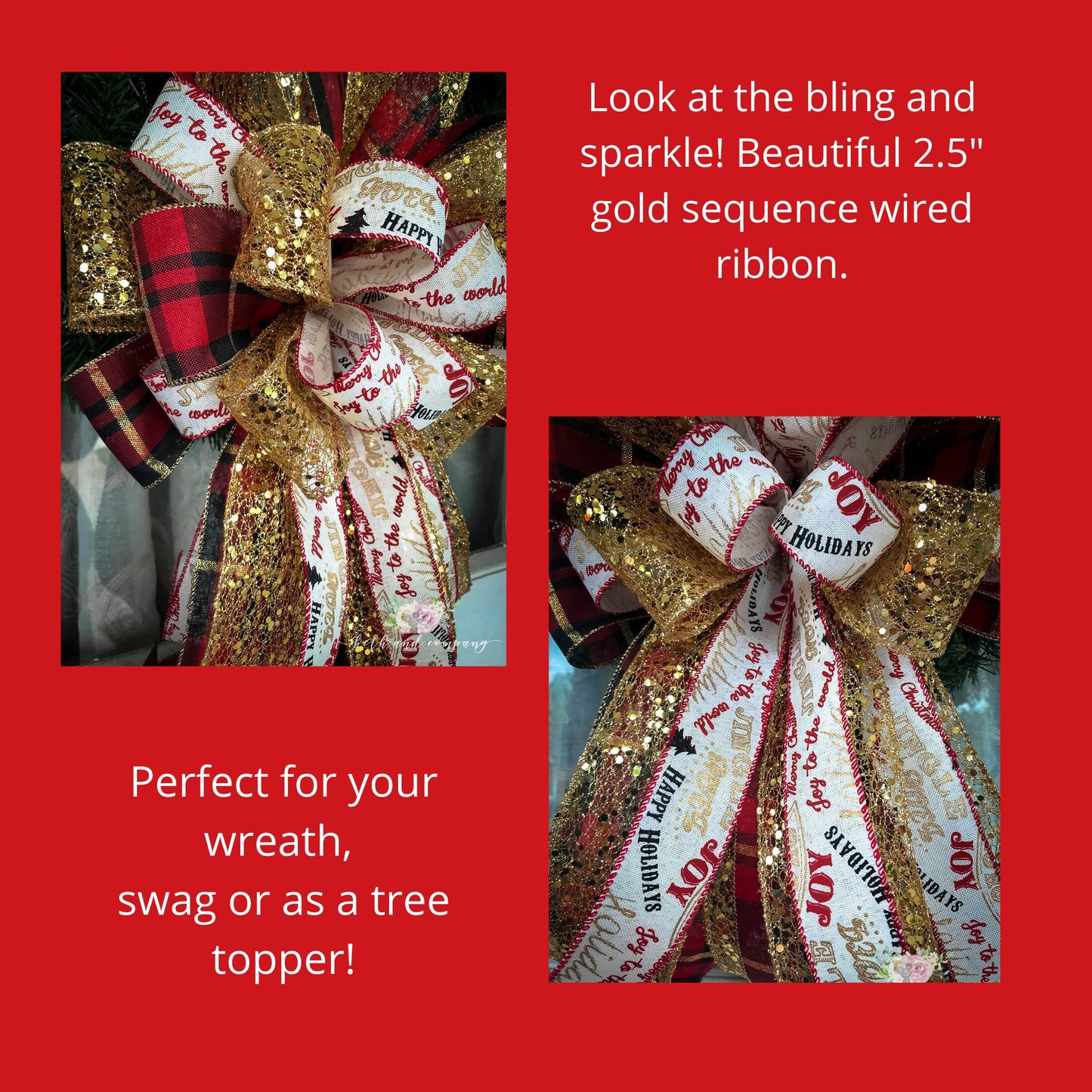 Christmas Bow Red Black Gold Bling wreath bow Santas Bling Tree Topper