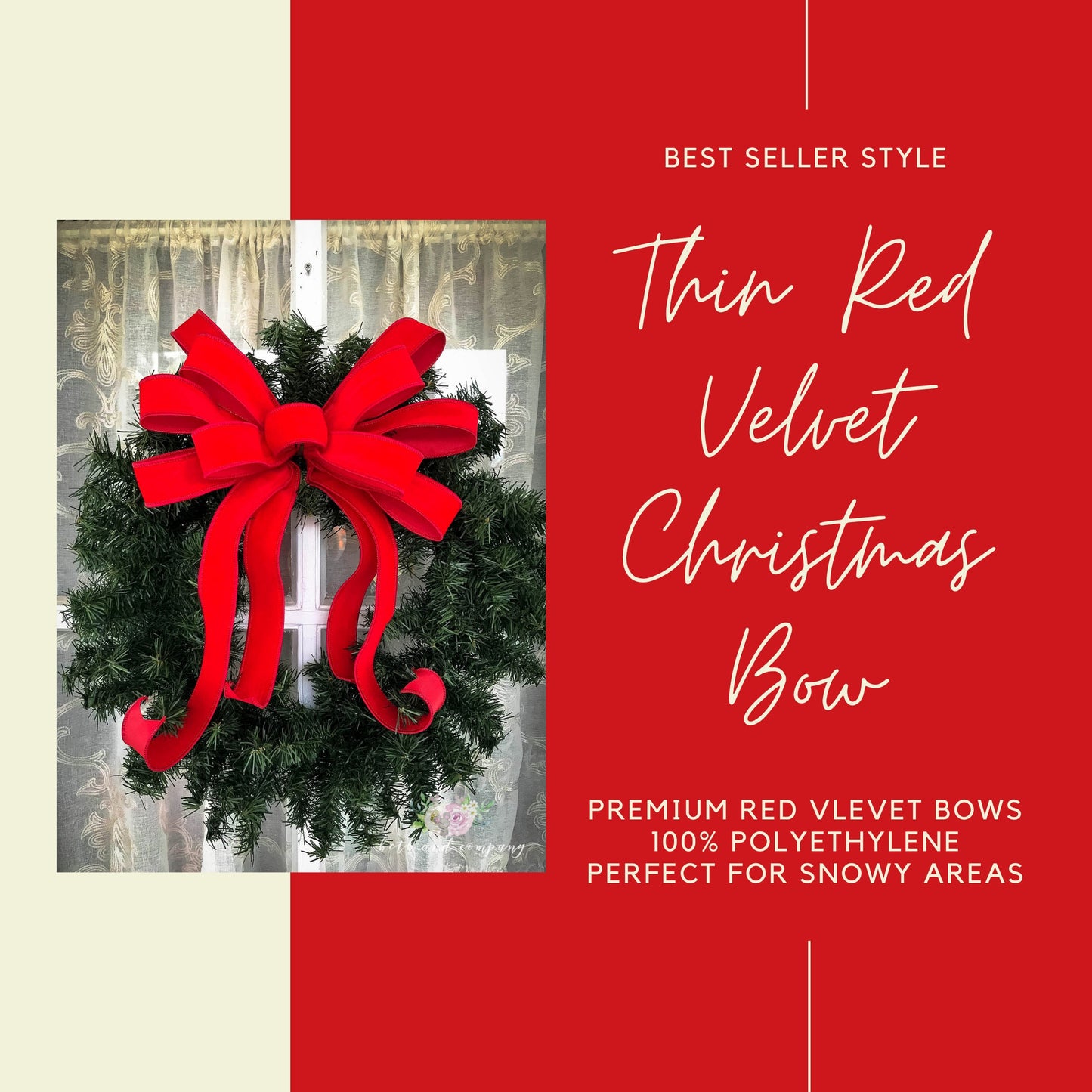 OUTDOOR Weatherproof Red Velvet Christmas wreath bow Narrow Velvet bow with plastic liner Red Outside Christmas Bows for Lamp Fence Post