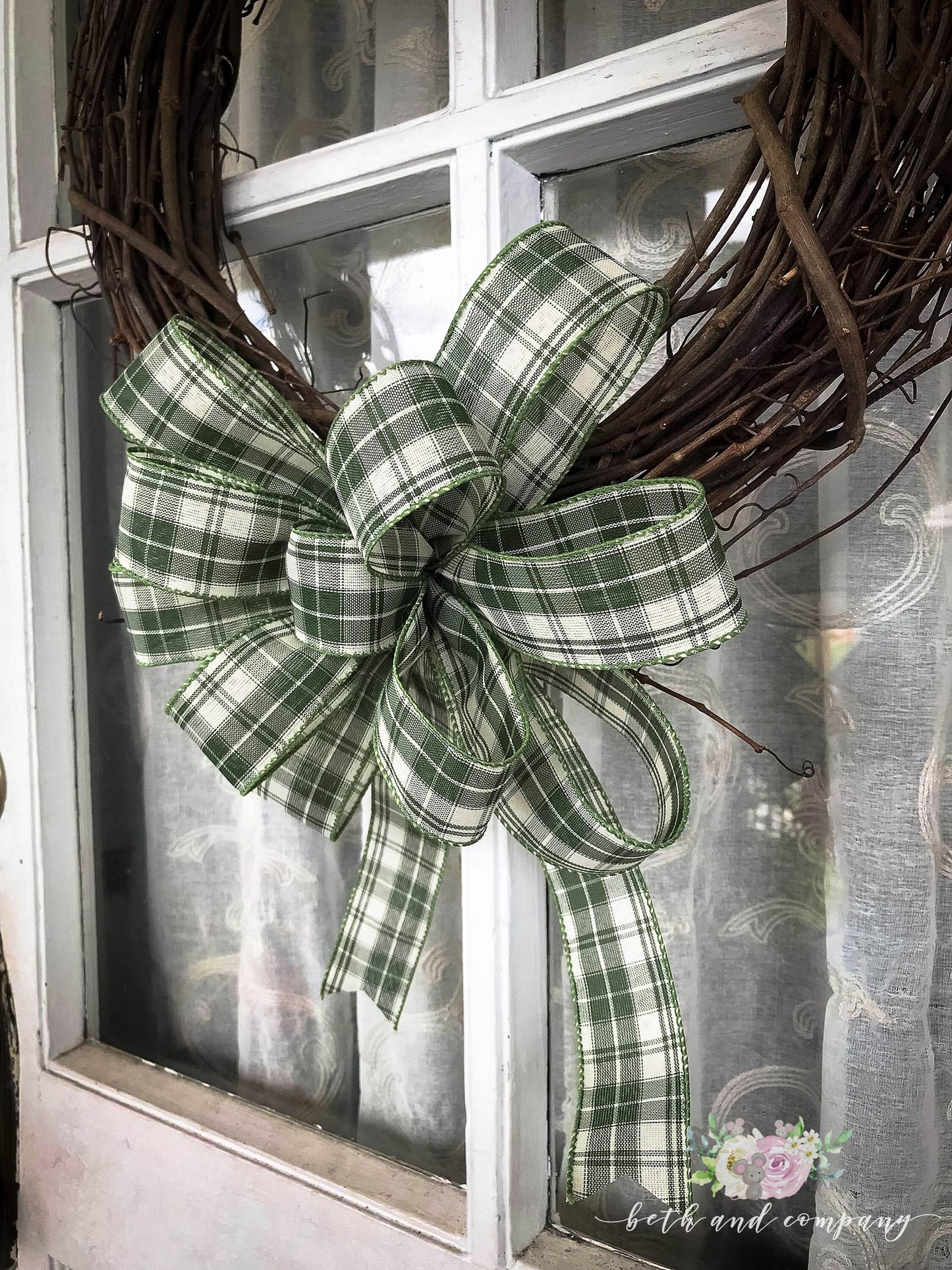 Moss Green Plaid Bow, Farmhouse Plaid Wreath Bow, Homespun Plaid