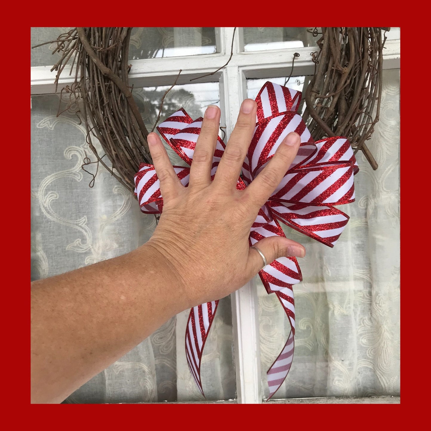 Christmas Bow, Candy Cane Bow, Red Glitter Diagonal Stripe Tree Topper
