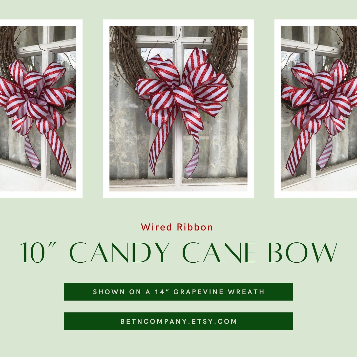 Christmas Bow, Candy Cane Bow, Red Glitter Diagonal Stripe Tree Topper