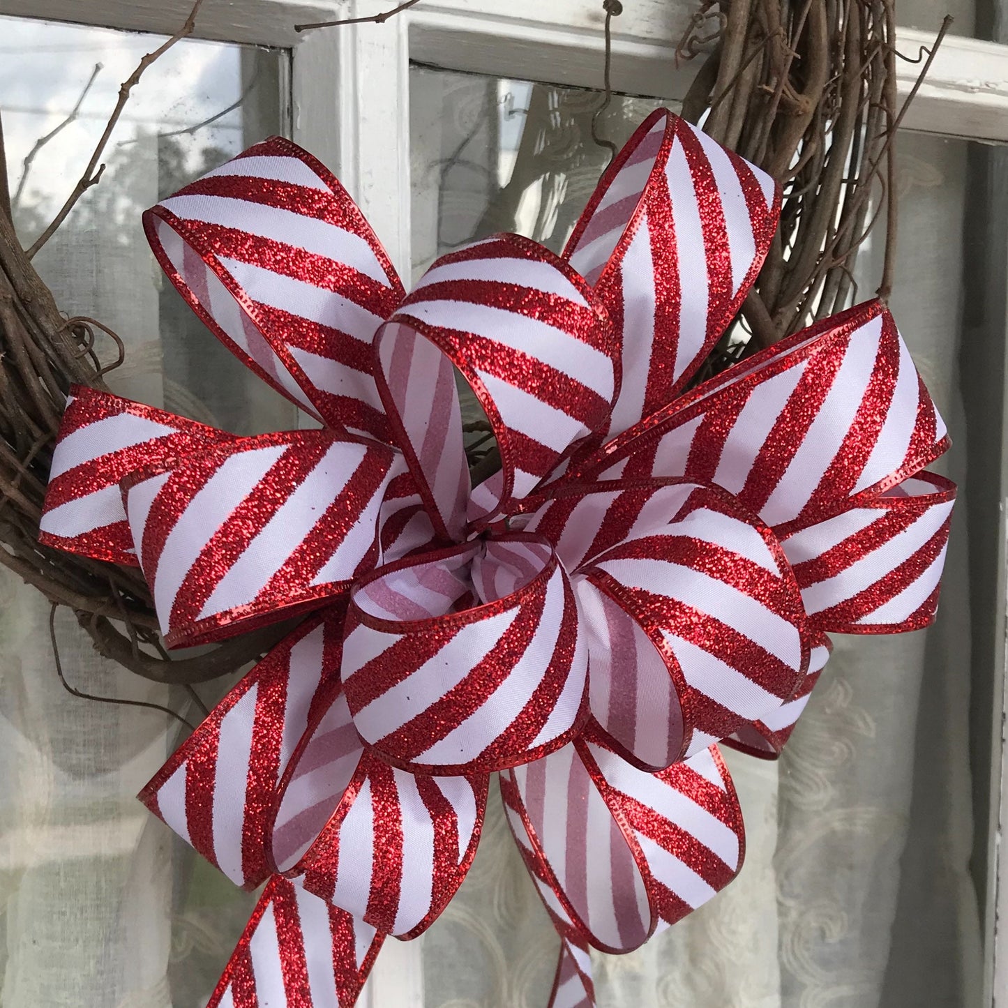 Christmas Bow, Candy Cane Bow, Red Glitter Diagonal Stripe Tree Topper