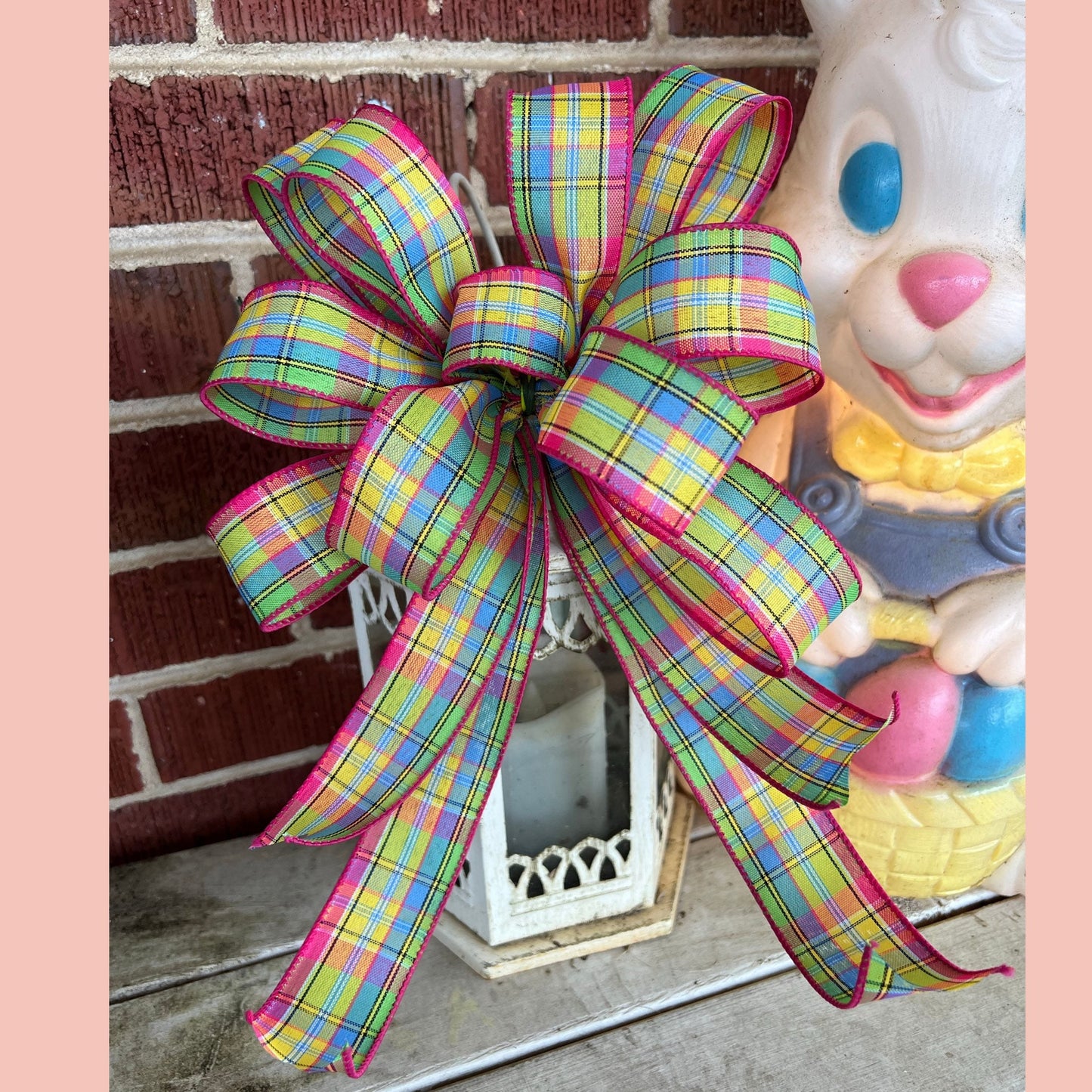 Easter Basket Bow, Spring Wreath Bow, Easter Bow for Front Door, Easter Decorations, Bright Spring Plaid