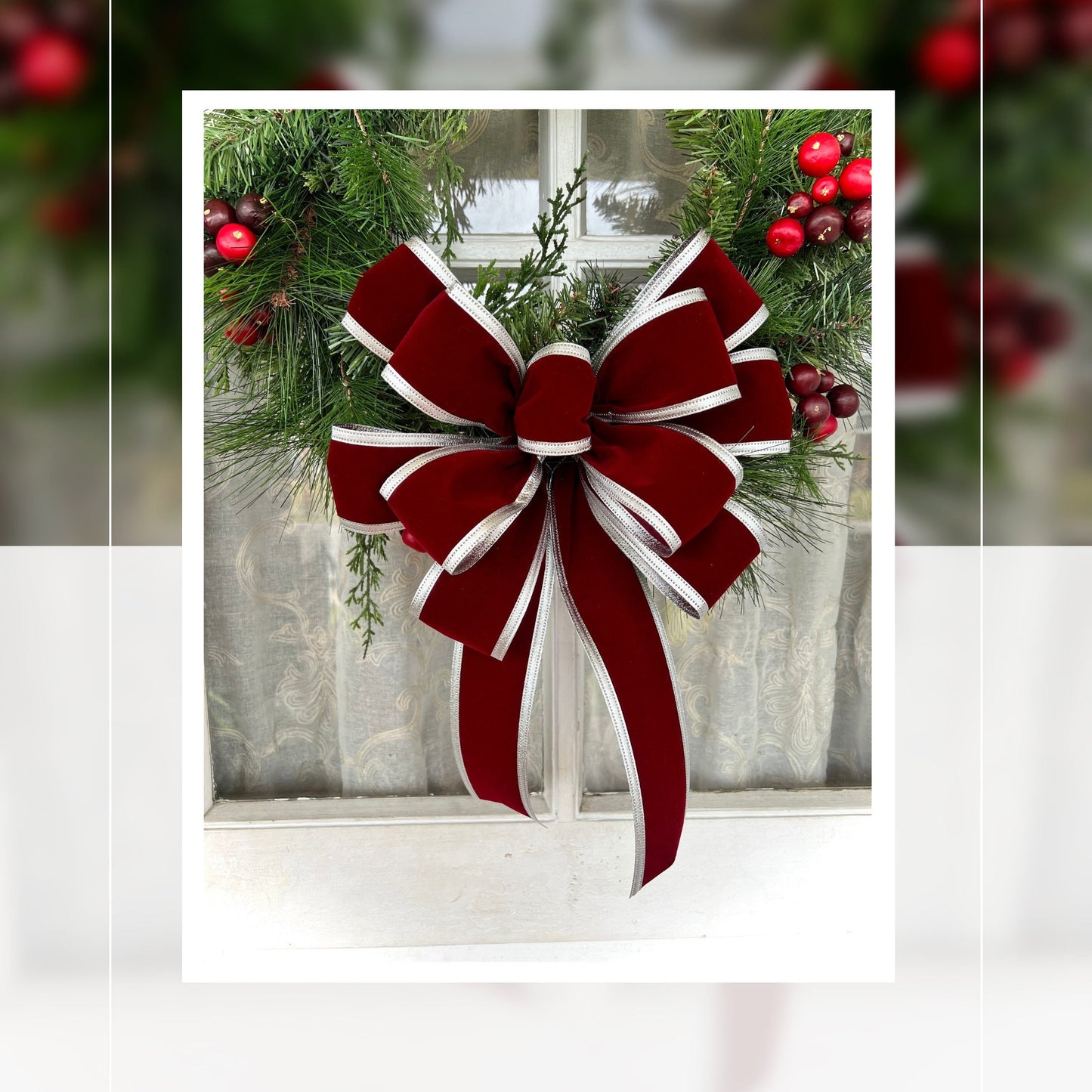 Christmas Bow Burgundy Velvet Bow with Silver Trim Elegant Christmas Bow