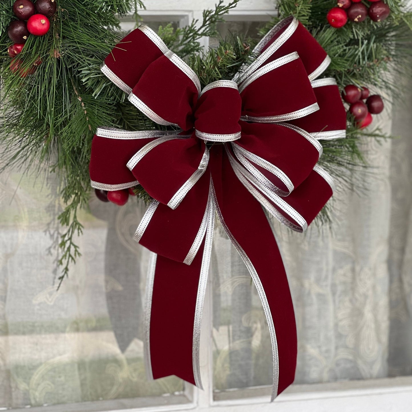 Christmas Bow Burgundy Velvet Bow with Silver Trim Elegant Christmas Bow