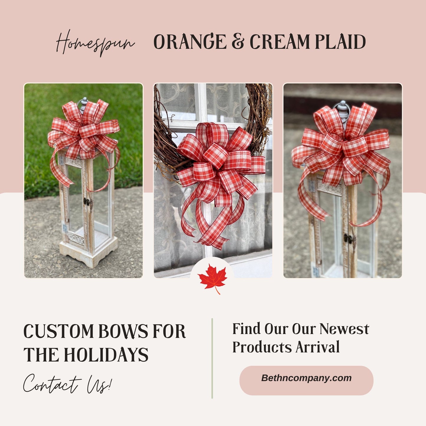 Fall Bow Burnt Orange and Cream Homespun Plaid Bow Lantern Bow Fall decor 10 Inch bow Texas Front Door Decor