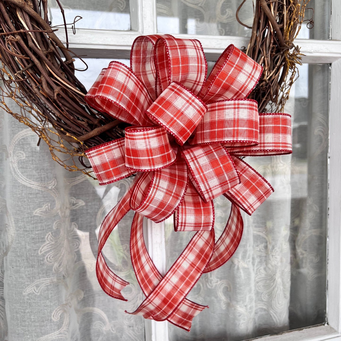 Fall Bow Burnt Orange and Cream Homespun Plaid Bow Lantern Bow Fall decor 10 Inch bow Texas Front Door Decor