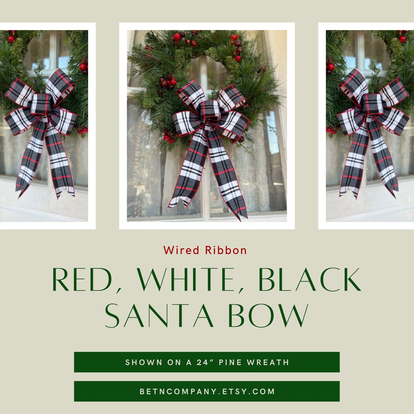 Christmas Bow Red Black & White Santa Bow Farmhouse Décor Matching Lantern Bow