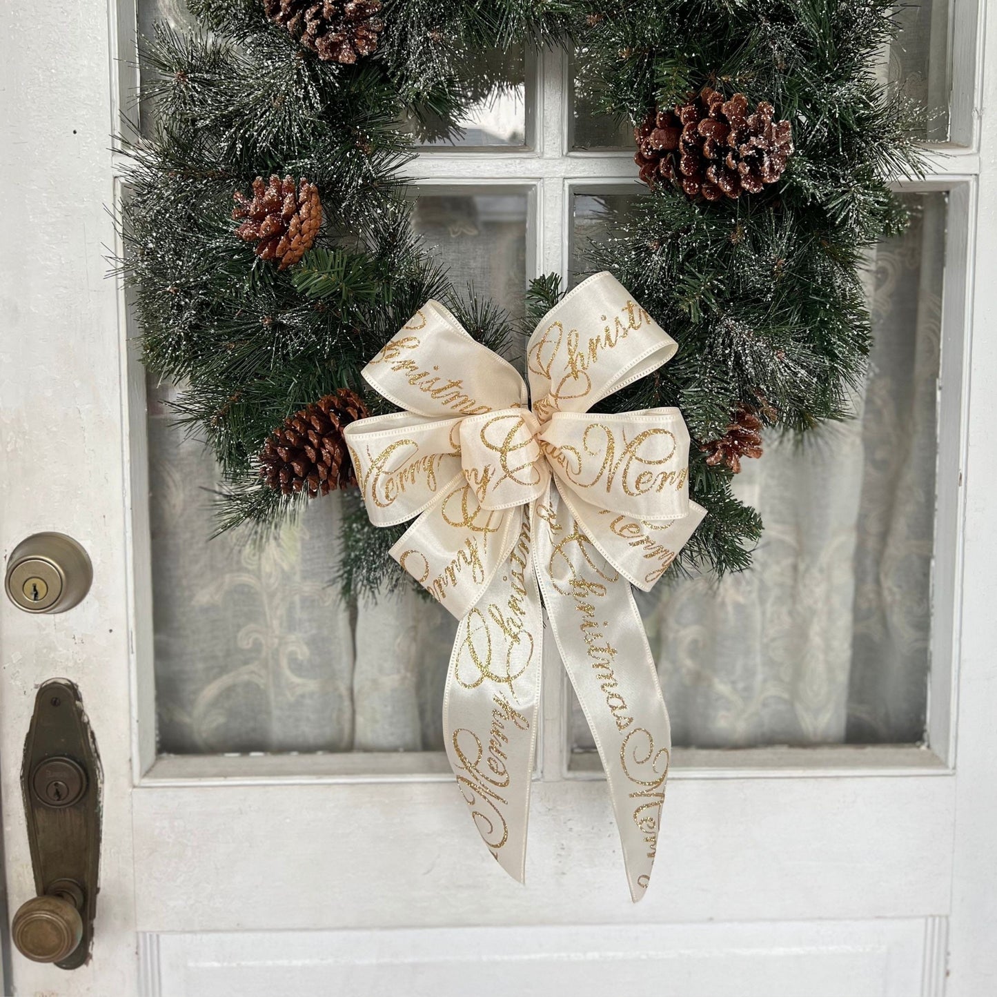 Christmas Bow Gold Glitter & Ivory Bow Merry Christmas Script Matching Lantern Bow Gift Basket Christmas Gift Bow