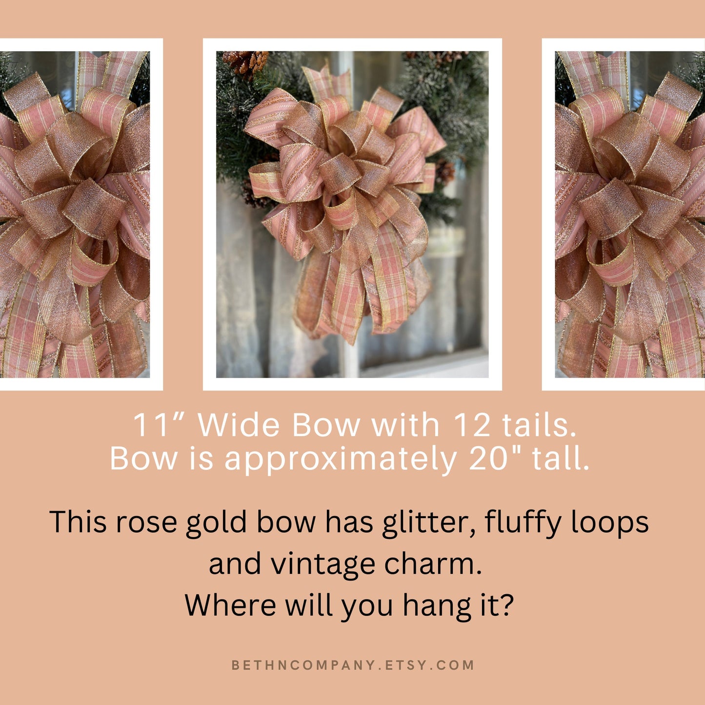 Christmas Bow Rose Gold WreathBow Victorian Tree Topper Rose Gold Christmas Decor