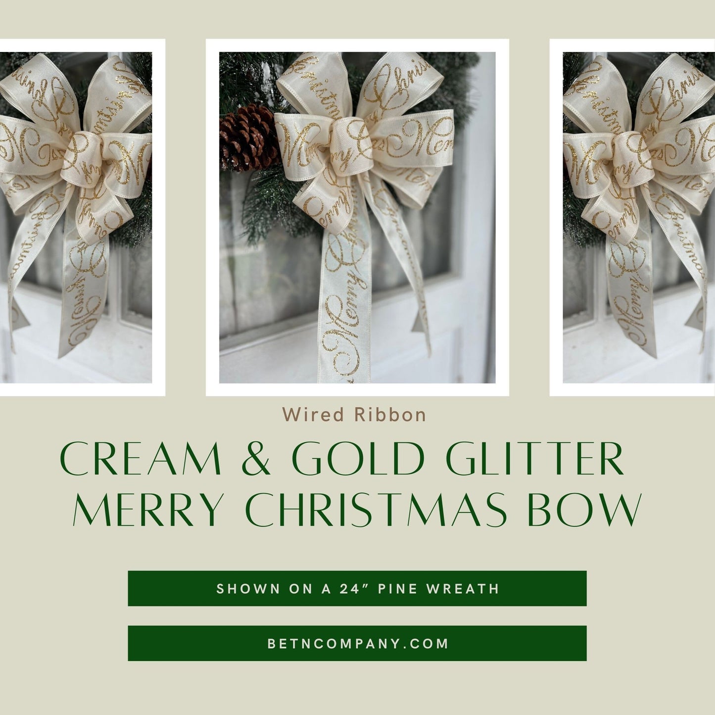 Christmas Bow Gold Glitter & Ivory Bow Merry Christmas Script Matching Lantern Bow Gift Basket Christmas Gift Bow