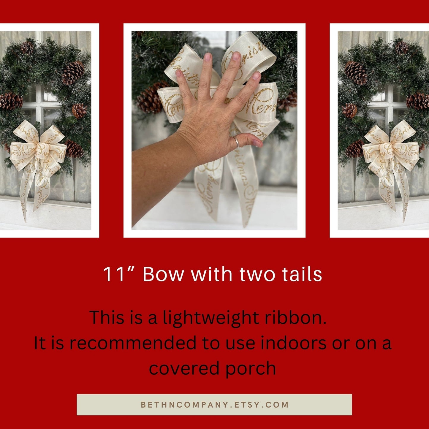 Christmas Bow Gold Glitter & Ivory Bow Merry Christmas Script Matching Lantern Bow Gift Basket Christmas Gift Bow
