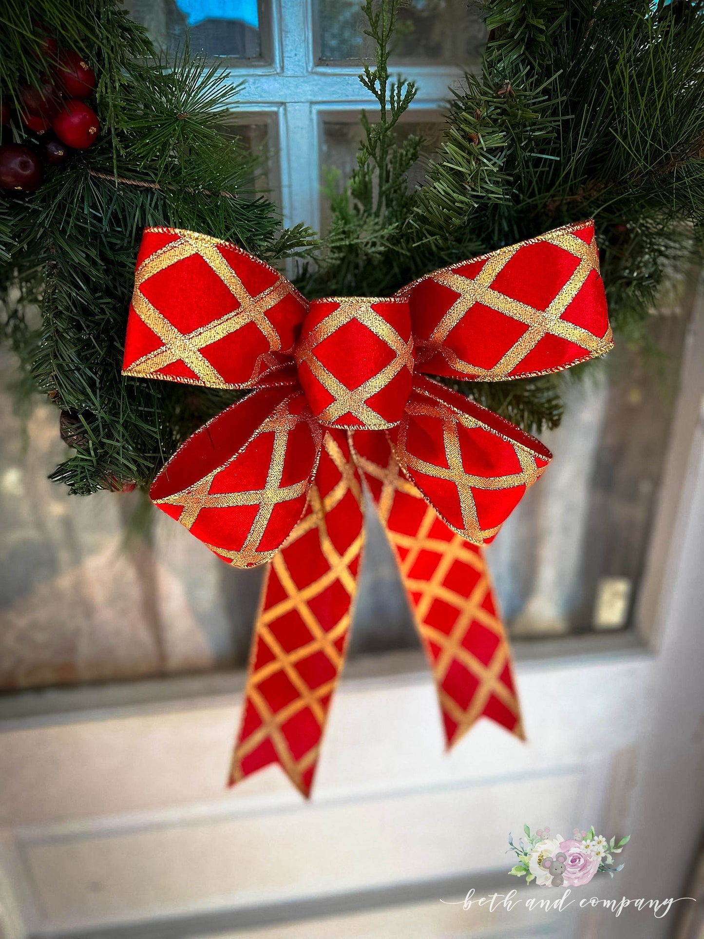 Christmas Bow Red and Gold Plush Velvet 11 Inch Bow Elegant Wreath Bow Christmas Front Door Decor