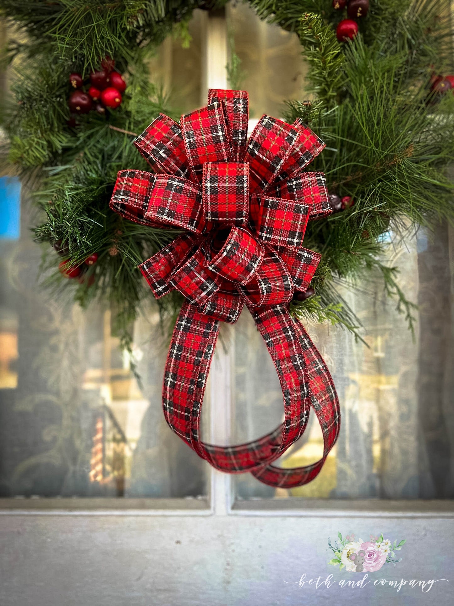 Christmas Bow Santa Theme Red Black White Plaid Wired Ribbon Red Christmas Wreath Bow
