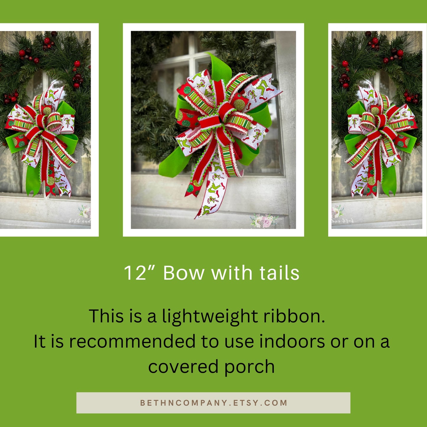 Green Monster Christmas Bow | Red Lime Green and White Bow