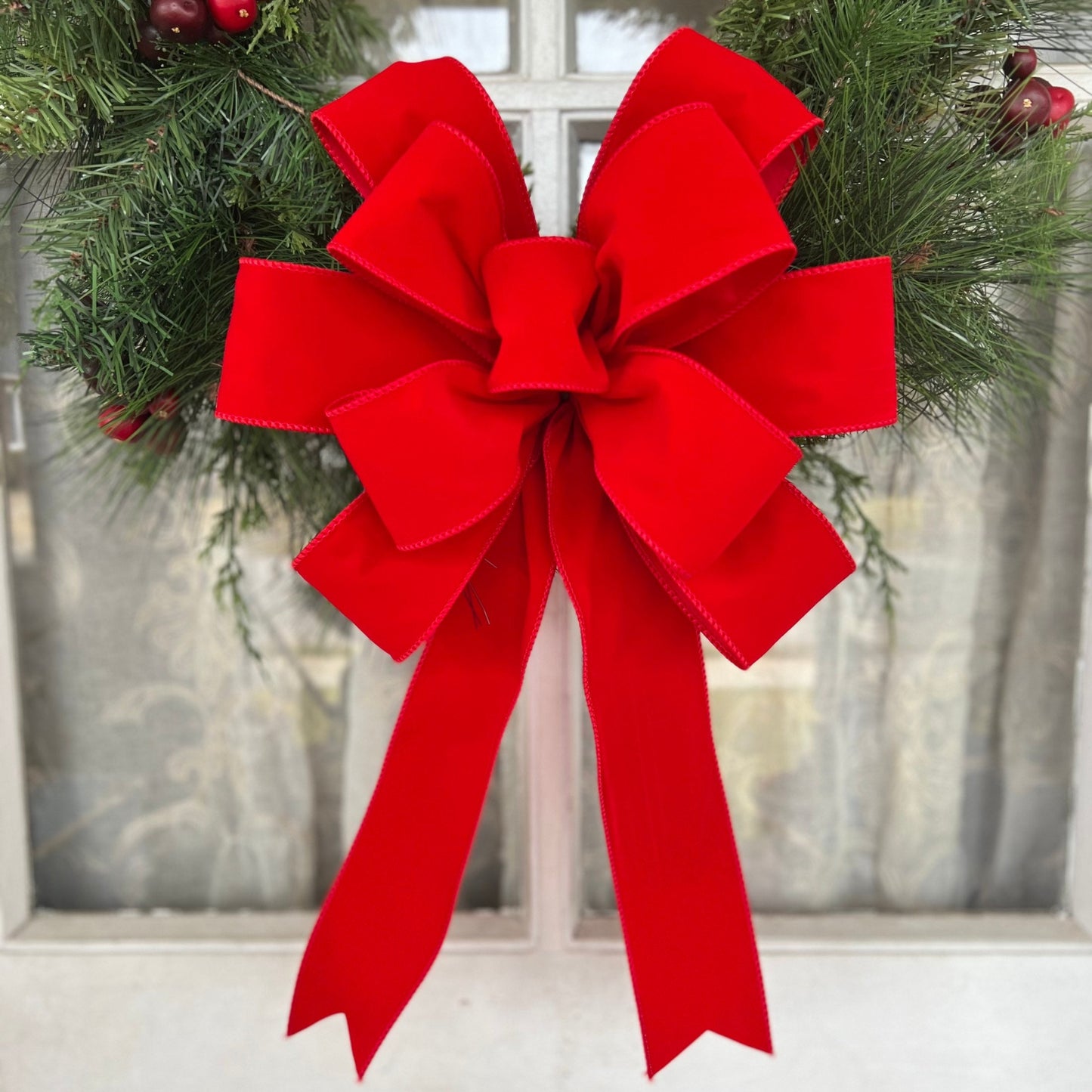 INDOOR/OUTDOOR | Low Profile Red Velvet Christmas wreath bow, Weatherproof Christmas Bow, 2.5" width wired red velvet Outside Christmas Bow