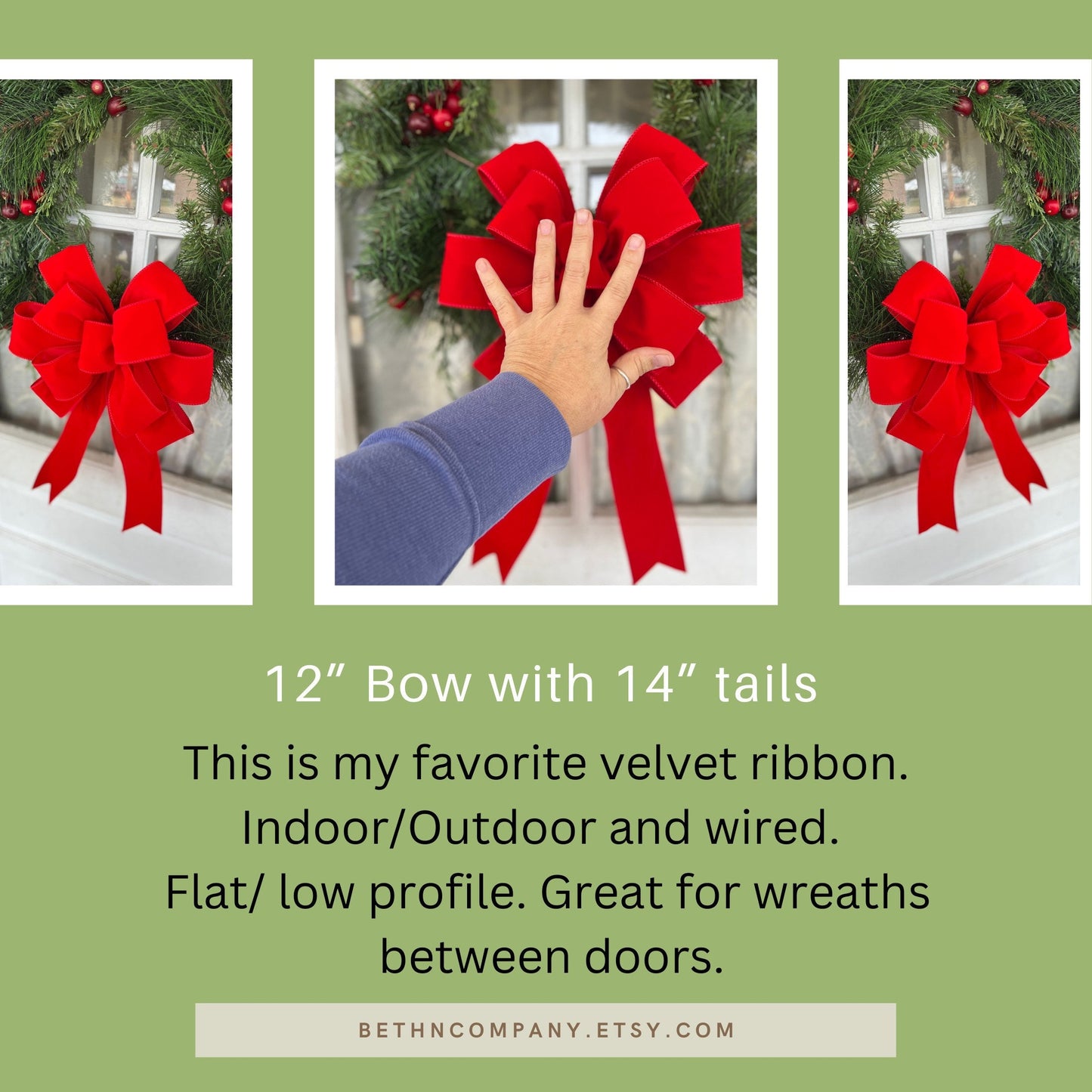 INDOOR/OUTDOOR | Low Profile Red Velvet Christmas wreath bow, Weatherproof Christmas Bow, 2.5" width wired red velvet Outside Christmas Bow