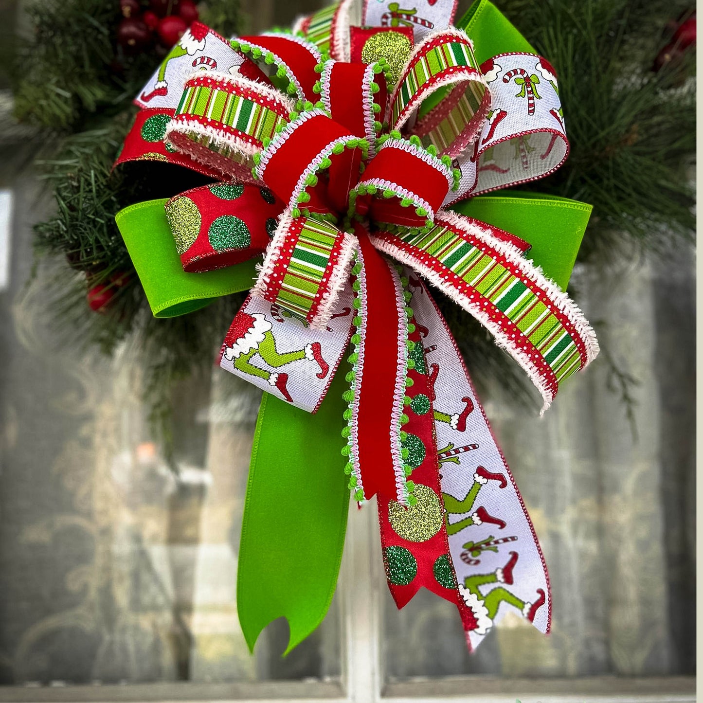 Green Monster Christmas Bow | Red Lime Green and White Bow