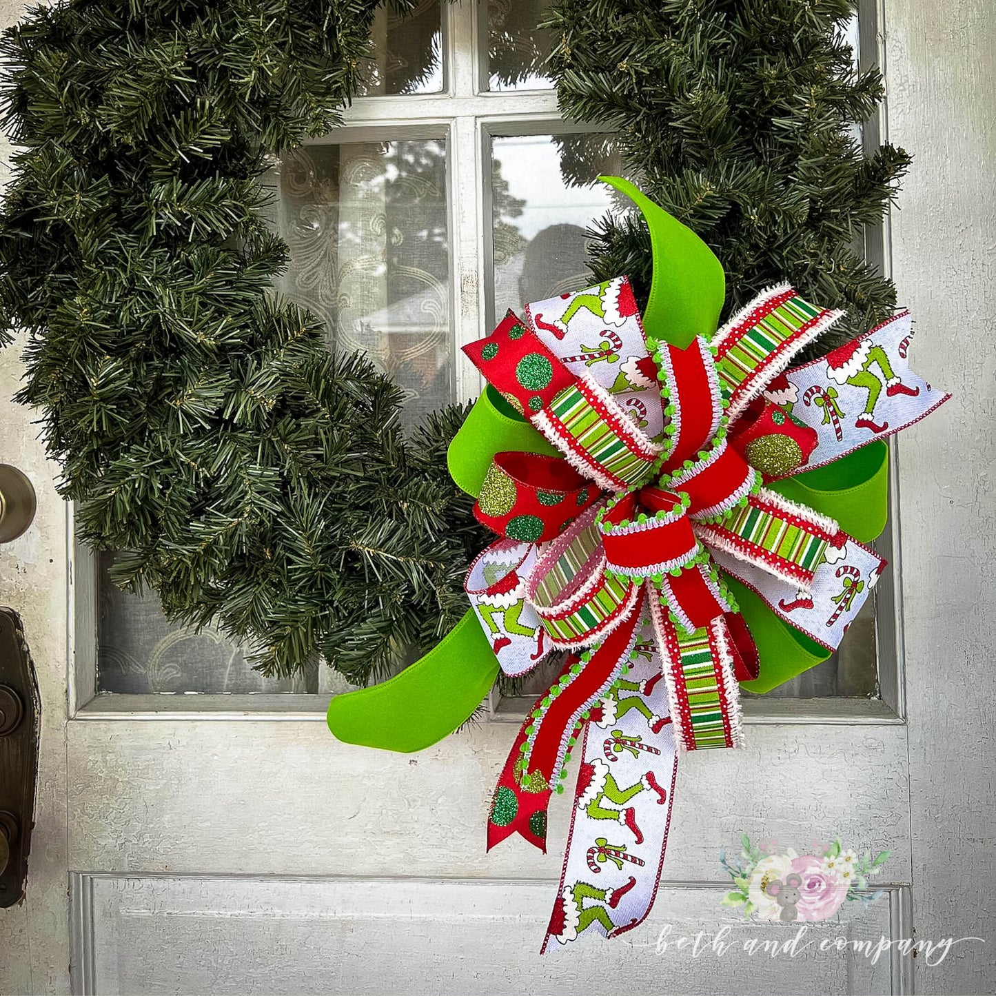 Green Monster Christmas Bow | Red Lime Green and White Bow