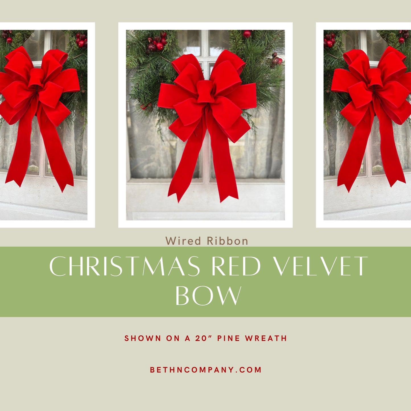 INDOOR/OUTDOOR | Low Profile Red Velvet Christmas wreath bow, Weatherproof Christmas Bow, 2.5" width wired red velvet Outside Christmas Bow
