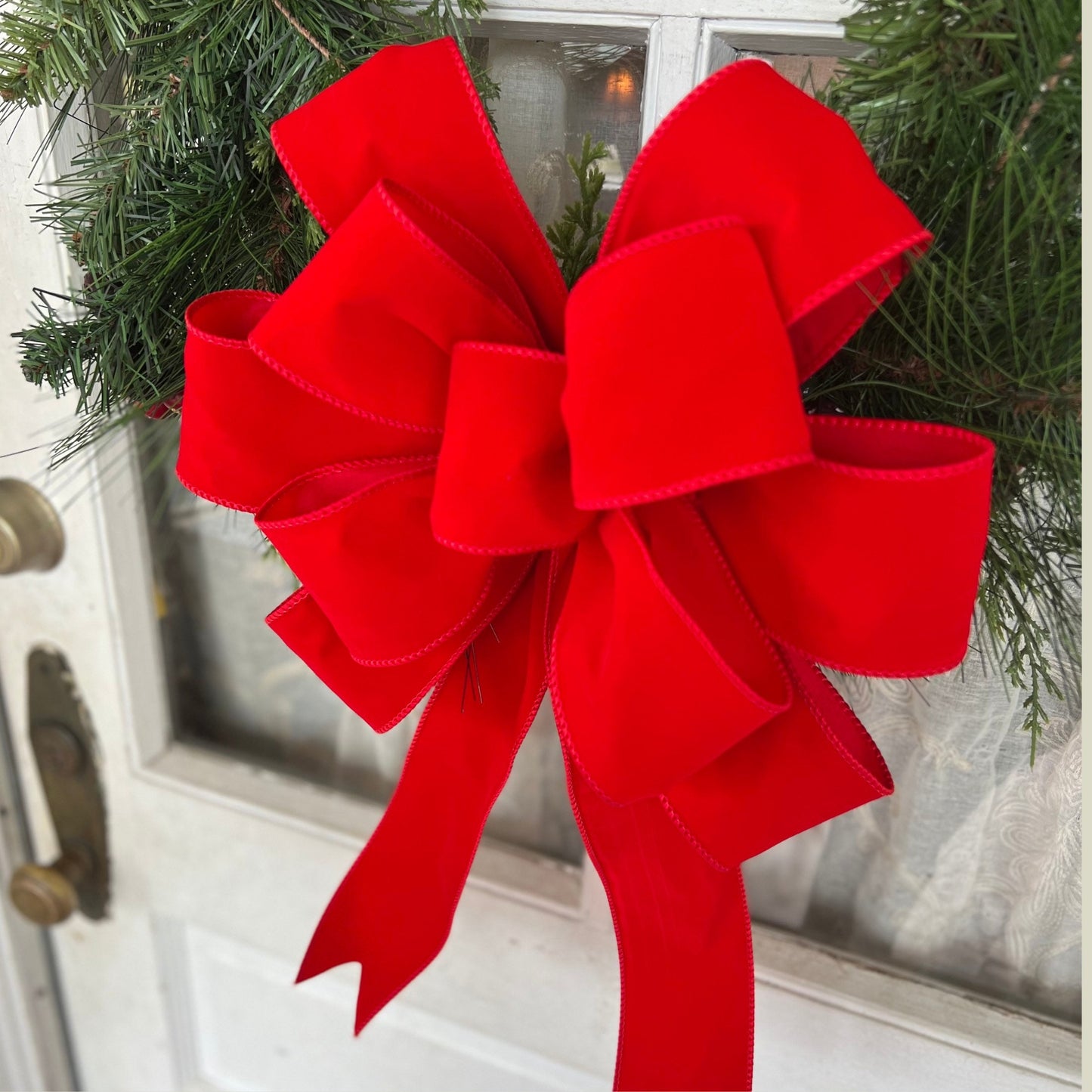 INDOOR/OUTDOOR | Low Profile Red Velvet Christmas wreath bow, Weatherproof Christmas Bow, 2.5" width wired red velvet Outside Christmas Bow