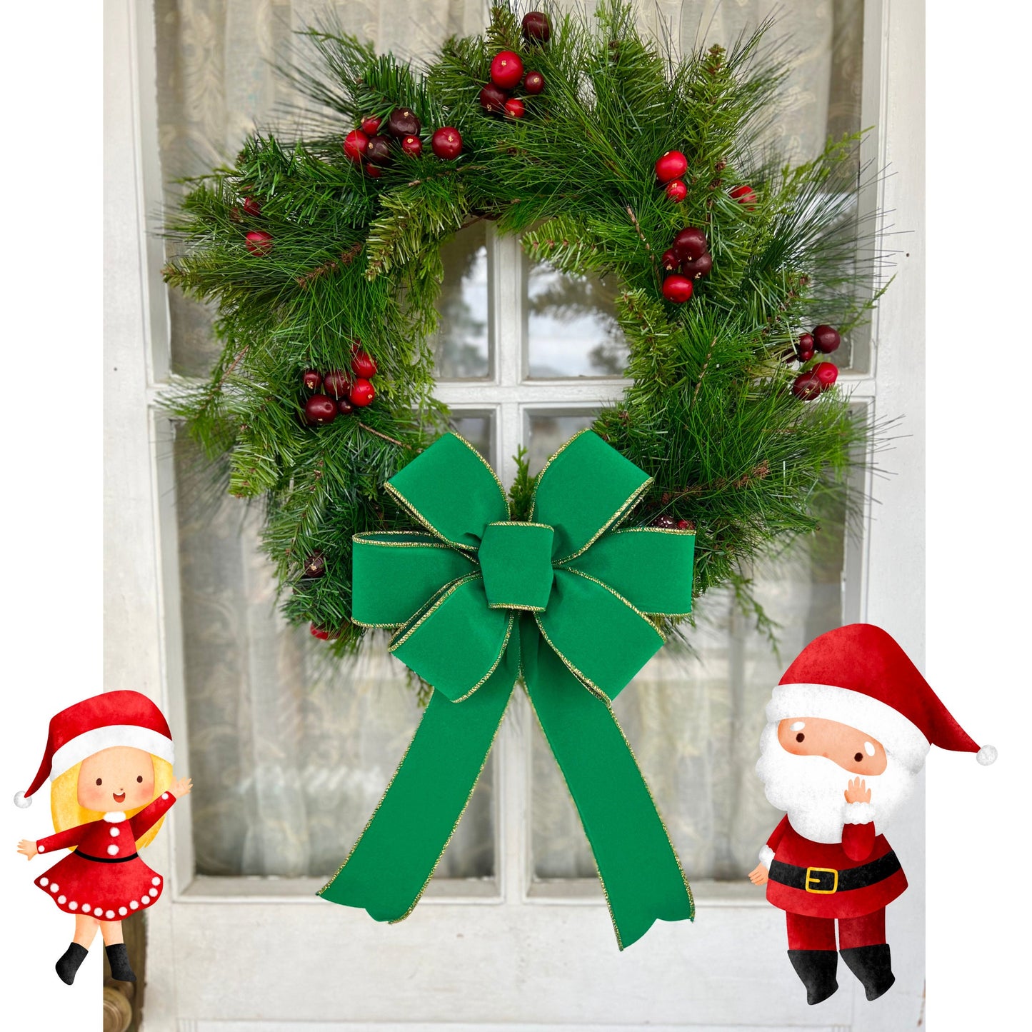Christmas Bow Green OUTDOOR Velvet Bow with Gold Trim Christmas Bow for Front Door or Lantern