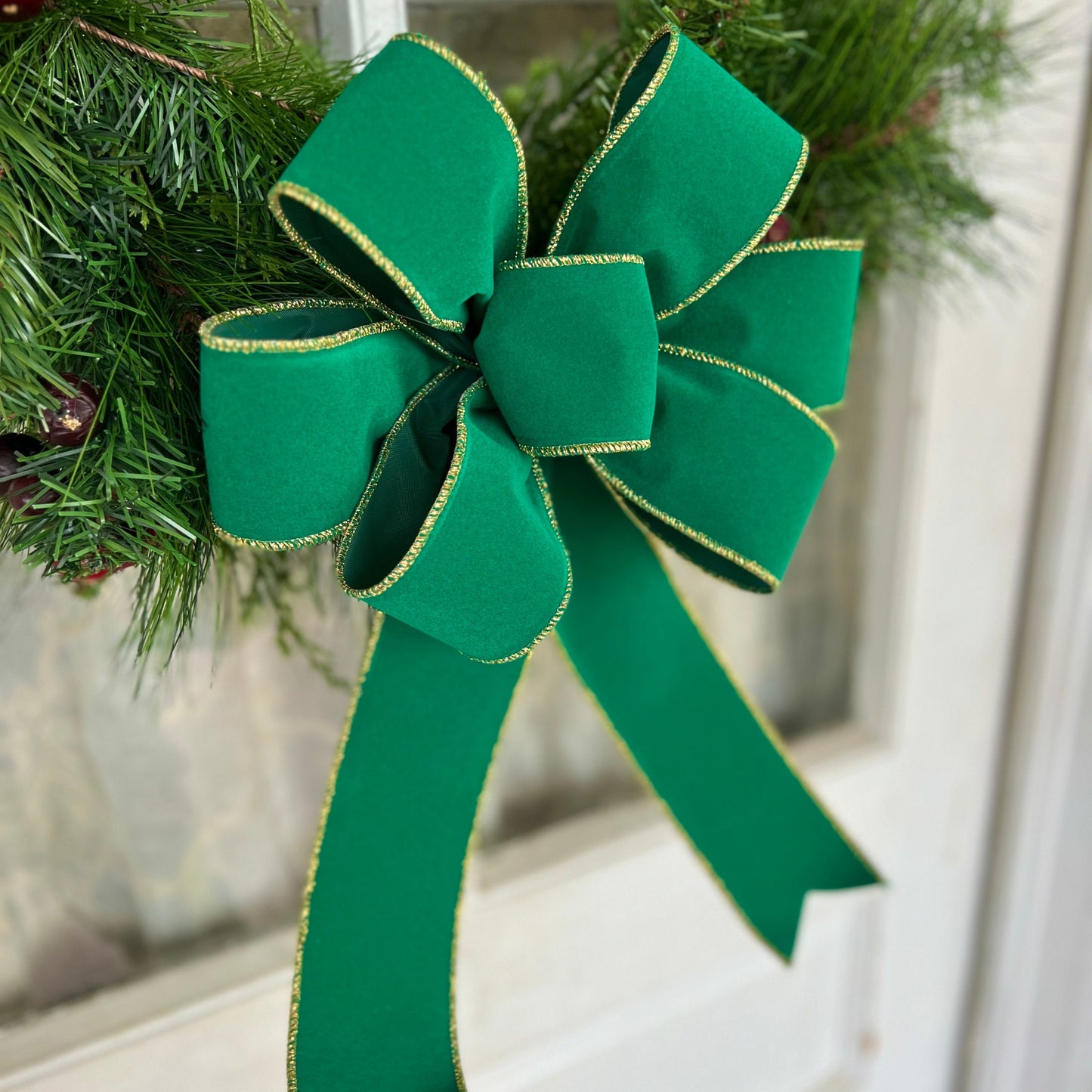 Christmas Bow Green OUTDOOR Velvet Bow with Gold Trim Christmas Bow for Front Door or Lantern