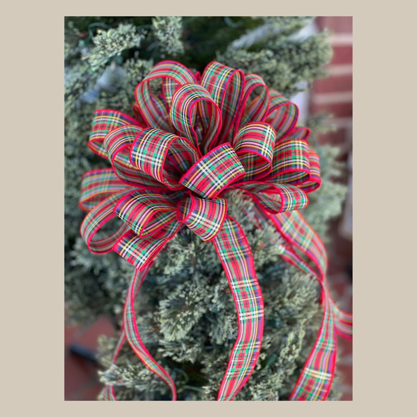 Christmas Bow Traditional Christmas Tartan Plaid 10 Inch Round wreath bow with tails Lantern bow for the holidays