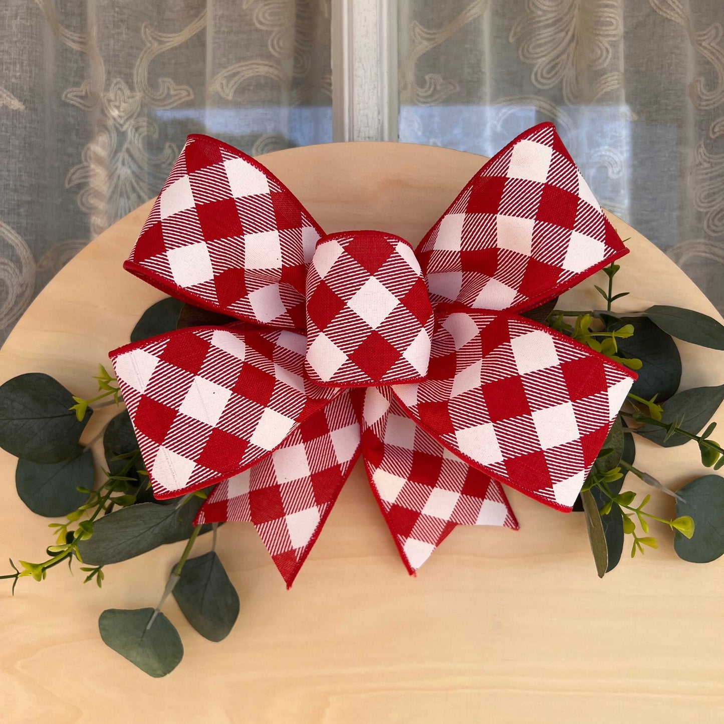 Christmas Bow Door Hanger Bow Red and White Diagonal Plaid 10 inch Bow Small Bow for Door Sign Lantern Bow